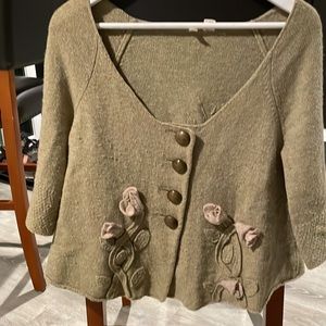 Moth Anthropologie cardigan in sage green with flower accents. Size large